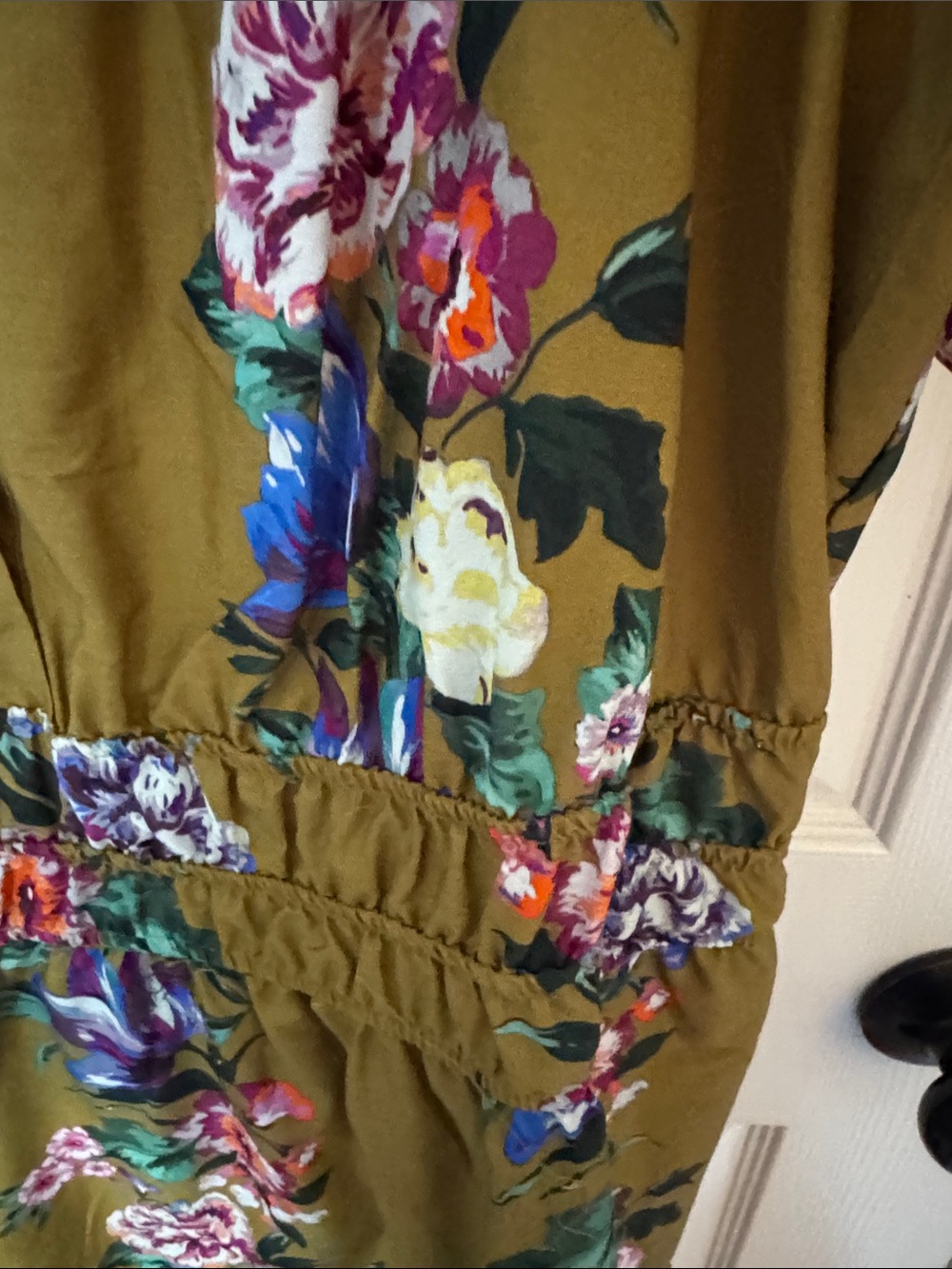 Anthropologie Olive Green Floral Ruffled Hem Dress - Picture 4 of 6